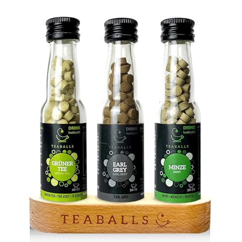 TEABALLS® Tee Set Classic mit 3er Set Earl Grey, Grüner Tee, Minze + gratis Holzaufsteller Geschenkset ergibt ca 90-225 Tassen heißen oder kalten Tee ohne Zucker Instant Pulver von Teaballs