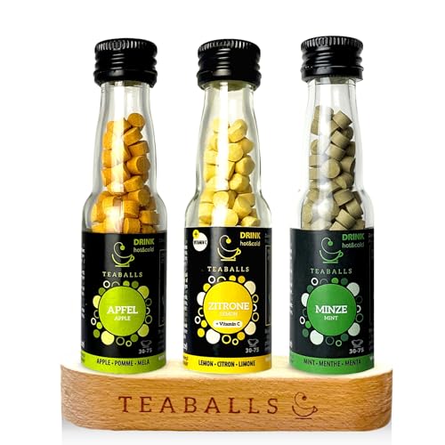 TEABALLS Tee Set Fresh mit 3er Set Zitrone, Apfel, Minze + gratis Holzaufsteller Geschenkset ergibt 90-225 Tassen kalten Eistee & heißen Früchtetee ohne Zucker aus Pflanzenextrakten von Teaballs