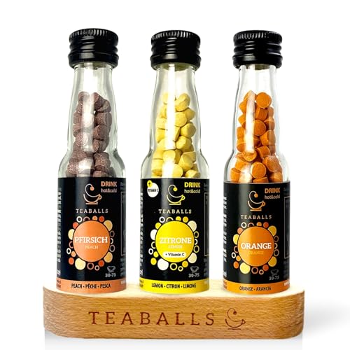 TEABALLS Tee Set Citrus mit 3er Set Zitrone, Orange, Pfirsich + gratis Holzaufsteller Instant ergibt 90-225 Tassen heißen Früchtetee oder kalten Eistee ohne Zucker Instant Pulver von Teaballs