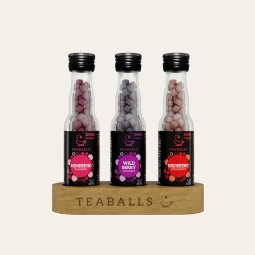 TEABALLS Tee Set Beeren mit Erdbeere, Himbeere, Wild Berry + gratis Holzaufsteller Instant ergibt 90-225 Tassen heißen Früchtetee oder kalten Eistee ohne Zucker Instant Pulver von Teaballs