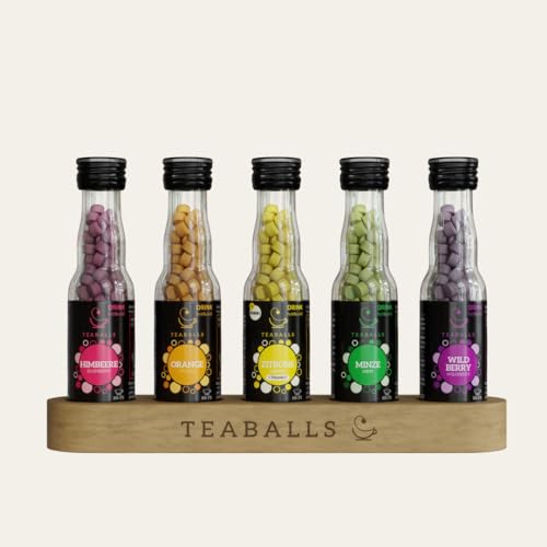 TEABALLS Tee Set Rainbow mit Himbeere, Orange, Wild Berry, Zitrone, Minze + gratis Holzaufsteller Instant ergibt 150-375 Tassen heißen Früchtetee oder kalten Eistee ohne Zucker Instant Pulver von Teaballs