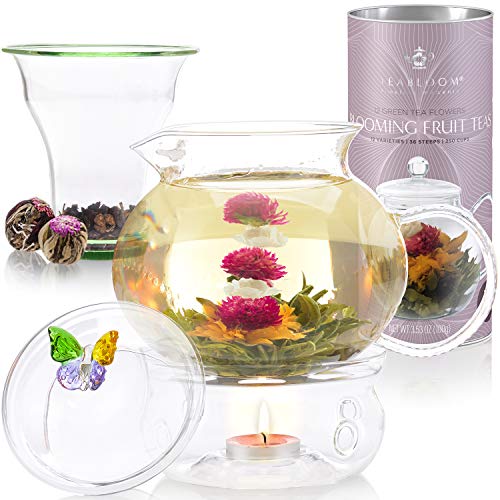 Teabloom Wings of Love Blütentee Geschenkset - 1500ml Borosilikatglas Teekanne, Teekannenwärmer, Gläsernes Tee-Ei, Dose mit 12 blühenden Früchtetees von Teabloom