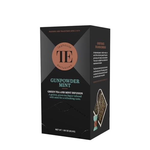 Teahouse Exclusives Luxury Tea Bag Gunpowder Minze, 15 Beutel - Hochwertiger Grüntee mit goldener Tassenfarbe und frischer Minze Teahouse Exclusives Luxury Tea Bag Gunpowder Minze, 15 Beutel - Hochwertiger Grüntee mit goldener Tassenfarbe und frischer Minze von Teahouse Exclusives