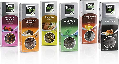 Tees und Aufgüsse Degustationssortiment, lose Blätter | Pakistanischer schwarzer Tee | Grüner Tee der arabischen Minze | Tee Orange & Zitrone | Schokoladenträume Rooibos | Früchte aus dem Waldaufguss von Eguia