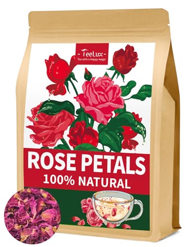 TeeLux Getrocknete Rosenblütenblätter Essbare 200g, Vegan, Natürliche Duftende Rosentee, Rosenblüten in Lebensmittelqualität zum Backen, Trinken von TeeLux