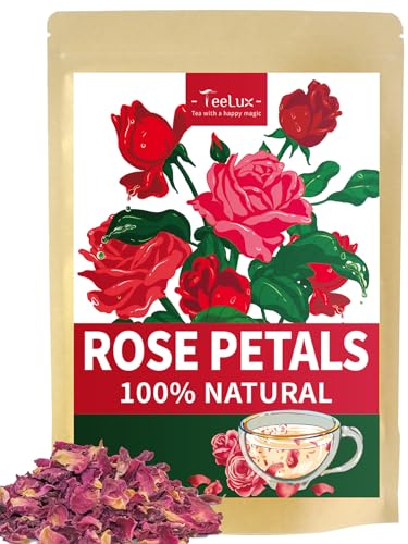 TeeLux Getrocknete Rosenblütenblätter Essbare 80g, Vegan, Natürliche Duftende Rosentee, Rosenblüten in Lebensmittelqualität zum Backen, Trinken von TeeLux