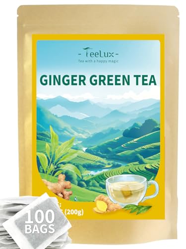 TeeLux Grüner Tee mit Ingwer 100 Tee Beutel, Vegan, Mischung aus Erfrischender Grüntee und Warme Ingwerwurzeln, Würzig & Beruhigend & Gesund, Biologisch abbaubare Teebeutel von TeeLux
