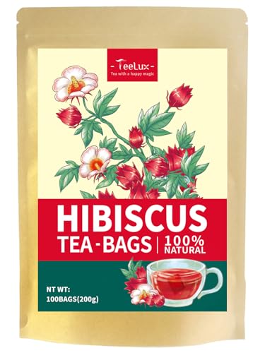 TeeLux Hibiskus Tee Beutel 100 Stück, Vegan, Reiner Natürlicher Hibiskusblüten, Säuerlich, Koffeinfrei, Aromatischer Hibiskustee Kräutertee, Laktosefrei von TeeLux