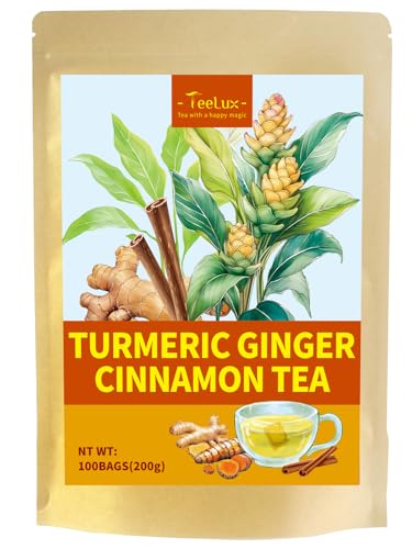TeeLux Ingwer Kurkuma Zimt Tee Beutel 100 Stück, Vegan, Warm & Vollmundig, Koffeinfreier Kräutertee, Biologisch Abbaubare Teebeutel von TeeLux