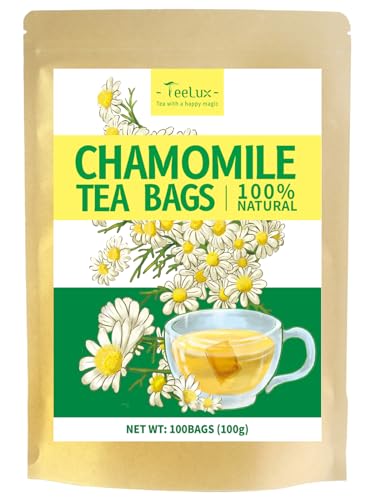 TeeLux Kamillentee Beutel 100 Stück, Vegan, Reiner Natürlicher Kamillenblüten, Milder, Koffeinfreier Kräutertee, Chamomile Tea, Biologisch Abbaubare Teebeutel von TeeLux