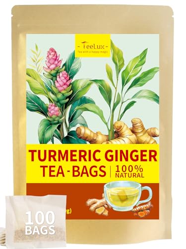 TeeLux Kurkuma & Ingwer Tee Beutel 100 Stück, Vegan, Reiner Natürlicher Kurkumawurzel und Ingwerwurzel, Koffeinfrei Kräutertee, Turmeric Ginger Tea, Biologisch Abbaubare Teebeutel von TeeLux