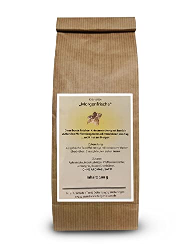 Kräutertee Morgenfrische, Lose Blätter, Apfelstücke, Hibiskusblüten, Pfefferminzblätter, Lemongras, Rosenblütenblätter, 100g, Basischer Tee von Teegeniessen