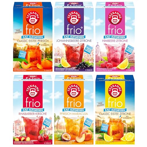 Teekanne frio Tee im 6er Früchte Pack, Enthaltene Sorten: Himbeer-Zitrone, Johannisbeere-Zitrone, Pfirsich-Maracuja, Rhabarber-Kirsche, Eistee Zitrone & Pfirsich, je 18 Doppelkammerbeutel á 2,5g von Teekanne