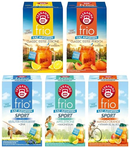 Teekanne frio Eistee und Sporttee | 5er Pack inkl. der neuen Sorte Heidelbeere-Kräuter + Zink | zuckerfreier Genuss | Voller Geschmack |ohne Zucker | Kalorienarm (5 x 45 g) von Teekanne