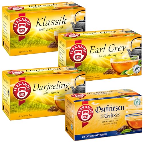 Teekanne Schwarztee 4er Set, Feinster Earl Grey, Edler Darjeeling, Klassik & Ostfriesen Teefix (4x20 Teebeutel), Aromatischer Schwarztee für Teeliebhaber, Hochwertige Teemischungen für Teegenuss von Teekanne