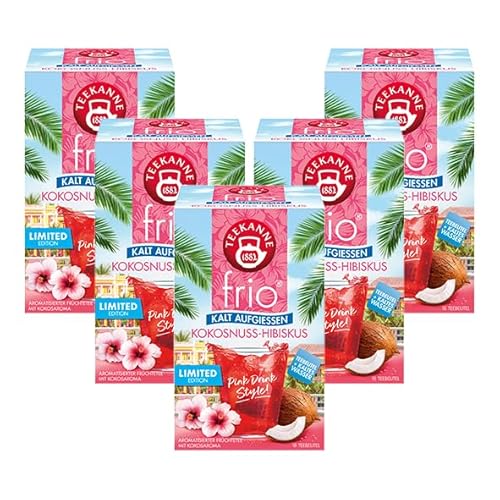Teekanne frio Kokosnuss-Hibiskus, 18 Teebeutel - 5er Pack (5 x 18 Teebeutel) | Pink Drink Style | Limited Edition | Ohne Zucker | Ohne Kalorien | Alternative zu zuckerhaltigen Getränken von Teekanne