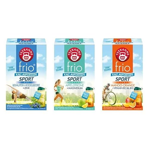 Teekanne frio Sport Dreierpack, Apfel-Zitrone - Mango-Orange - Kräuter-Heidelbeere (3 x 45 g) von Teekanne