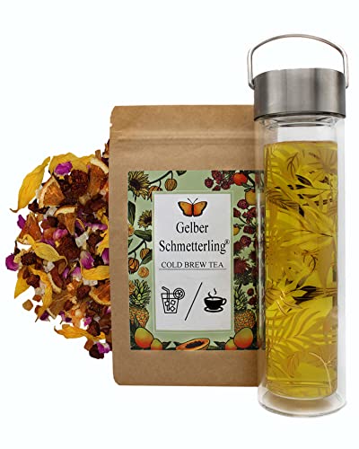 Teeparadies Löw Gelber Schmetterling Mango Mandarine Früchtetee Lose 1000g - Mild & Natürlich - Tee Warm & Kalter Tee Kalt Aufgießen - Hot & Cold Tea Teemischung - Mit 0,35L Cold Brew Flasche von Teeparadies Löw