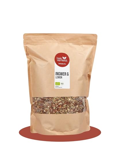 teeverliebt Bio Rooibos-Mischung Ingwer & Lemon 1kg I Loser Rotbusch-Tee in feinster Blatt-Qualität - koffeinfrei I Fruchtig-Frischer Tee-Genuss I Aus kontrolliert biologischem Anbau I 1000g von teeverliebt