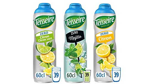 Teisseire 3 Sirup Zero Zucker (Limette, Mojito, Zitrone) für Erfrischungsgetränke, Cocktails, Kanister, recycelbar, 3 x 60 cl von Teisseire