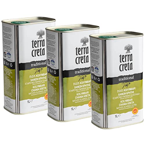 Terra Creta „traditional“ - Extra natives Olivenöl PDO (g.U. Kolymvari/Kreta) aus Koroneiki-Oliven, tradit. per Hand geerntet und mehrfach ausgezeichnet. (3 x 1 Liter Kanister) von Terra Creta