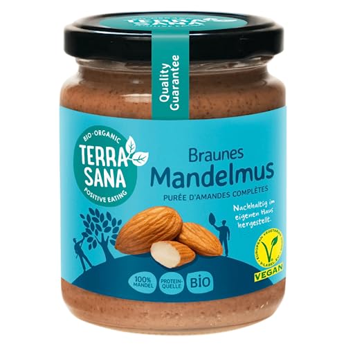 TerraSana Bio Mandelmus Braun (1 x 250g Glas) Reines Mandelmus aus Leicht Gerösteten Bio-Mandeln, Vielseitig Einsetzbar Mandelbutter von Terrasana