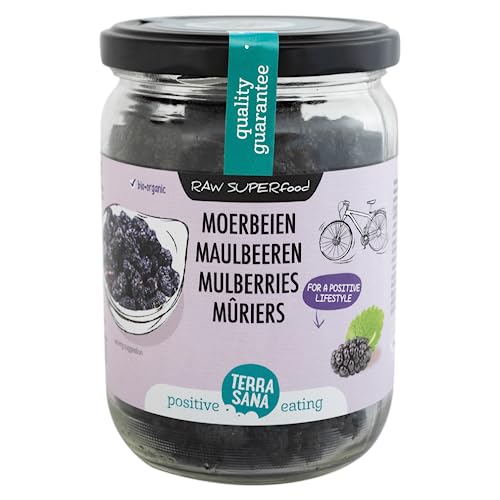 TerraSana Bio Schwarze Maulbeeren: Einzigartige und exotische Superbeeren - Alternative für Rosinen (1 x 190g Glas) viel Eisen süß von Terrasana