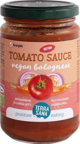 TerraSana Bio Tomaten Soße Bolognese Vegan - Pflanzliche Fleischalternative mit Seitan, perfekt zu Pasta, Pizza und Sauce (1 x 300g Glas) von TerraSana