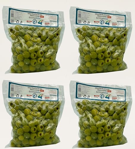 Italienische Oliven in 4 Beuteln à 500 Gramm (Entsteinte grüne Oliven in Salzlake 4 pro 500 g.) von Terramia