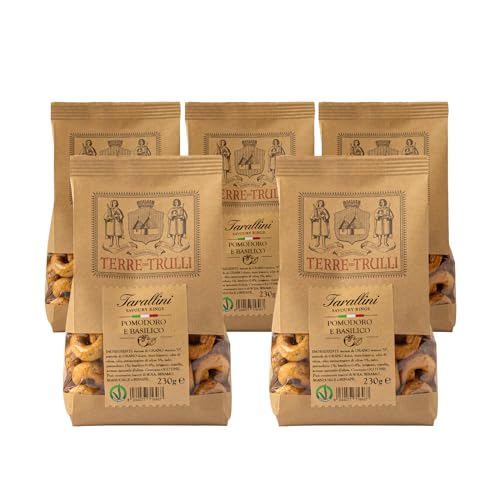 Terre Dei Trulli Tomate und Basilikum Tarallini Pugliesi - 5 Packungen à 230 g | Gesunder Snack für Eine Schnelle und Leckere Mahlzeit | Gesunde Snacks, Salzige Snacks, Healthy Snacks von Terre dei Trulli