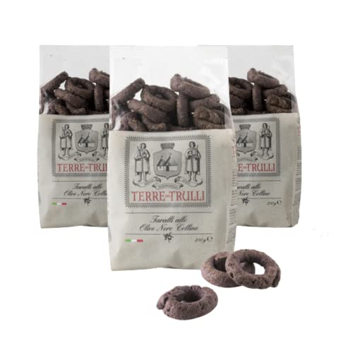 Terre Dei Trulli Taralli Pugliesi mit Schwarzen Celline-Oliven - 3 Packungen à 250g | Gesunder Snack für Eine Schnelle und Leckere Mahlzeit | Gesunde Snacks, Salzige Snacks, Healthy Snacks von Terre dei Trulli