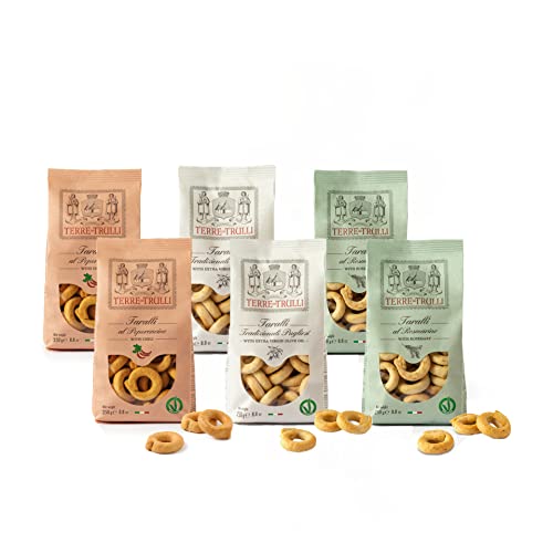 Terre Dei Trulli Gemischte Taralli Pugliesi mit Olivenöl, Rosmarin und Chili - 6 Packungen à 250g | Gesunder Snack für Eine Leckere Mahlzeit | Gesunde Snacks, Salzige Snacks, Healthy Snacks von Terre dei Trulli