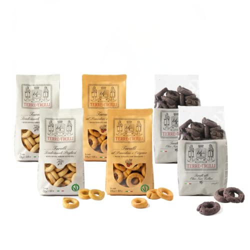 Terre Dei Trulli Taralli Pugliesi Sortiert mit Olivenöl, Tomate und Oregano und Schwarzen Celline-Oliven - 6 Packungen zu je 250 g | Gesunder Snack für Eine Leckere Mahlzeit | Gesunde Snacks von Terre dei Trulli