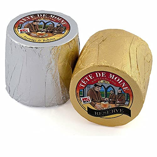 Tete de Moine Classic und Reserve AOP Mönchskopfkäse 1600g zwei ganze Laibe für Girolle Käsehobel KÜHLBOX-Versand mit Styroporbox und Spezialkühlakku für Lebensmittelversand von Tete de Moine