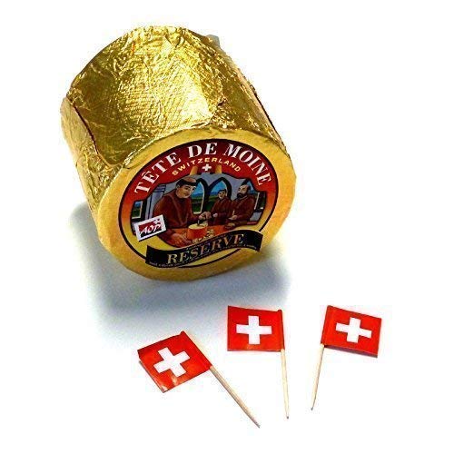 Tete de Moine Reserve ca 800g ganzer Laib für Girolle Tete de Moine AOC Switzerland Mönchskopfkäse und 3 schweizer Fähnchen von Tete de Moine