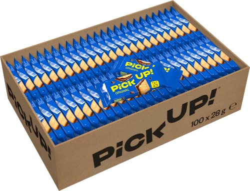 PiCK UP! Original (100 x 28 g), Riegel mit knackiger Milchschokoladentafel zwischen zwei Keksen, der Snack für unterwegs, 100 Stück einzeln verpackt, Haselnuss, Schokolade von PiCK UP!