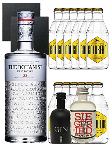 Gin-Set The Botanist Islay Dry Gin 0,7 Liter + Black Gin Gansloser Deutschland 5cl+ Siegfried Dry Gin Deutschland 4cl + 12 x Goldberg Tonic Water 0,2 Liter + 2 Schieferuntersetzer quadratisch 9,5 cm von The Botanist