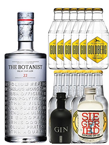 Gin-Set The Botanist Islay Dry Gin 0,7 Liter + Black Gin Gansloser Deutschland 5cl+ Siegfried Dry Gin Deutschland 4cl + 12 x Goldberg Tonic Water 0,2 Liter + 2 Schieferuntersetzer quadratisch 9,5 cm von The Botanist