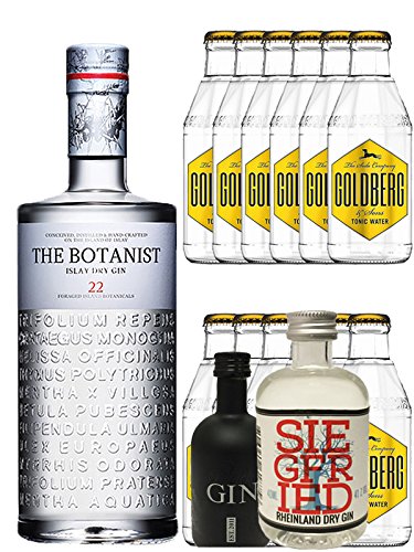 Gin-Set The Botanist Islay Dry Gin 0,7 Liter + Black Gin Gansloser Deutschland 5cl+ Siegfried Dry Gin Deutschland 4cl + 12 x Goldberg Tonic Water 0,2 Liter von The Botanist