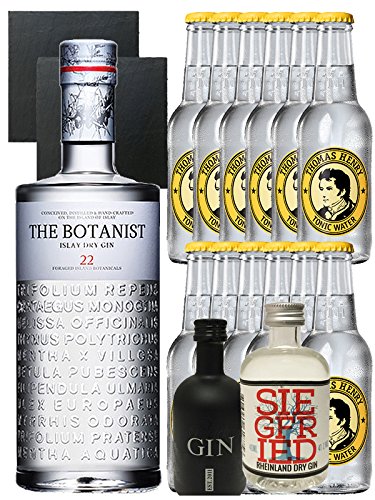 Gin-Set The Botanist Islay Dry Gin 0,7 Liter + Black Gin Gansloser Deutschland 5cl + Siegfried Dry Gin Deutschland 4cl + 12 x Thomas Henry Tonic Water 0,2 Liter + 2 Schieferuntersetzer quadratisch 9,5 cm von The Botanist