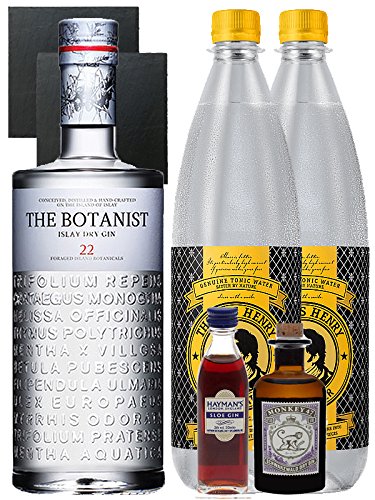 Gin-Set The Botanist Islay Dry Gin 0,7 Liter + Haymans Sloe Gin 5cl + Monkey 47 Schwarzwald Dry Gin 5cl MINIATUR + 2 x Thomas Henry Tonic Water 1,0 Liter + 2 Schieferuntersetzer quadratisch 9,5 cm von The Botanist