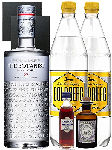 Gin-Set The Botanist Islay Dry Gin 0,7 Liter + Haymans Slor Gin 5cl + Monkey 47 Schwarzwald Dry Gin 5cl MINIATUR + 2 x Goldberg Tonic Water 1,0 Liter + 2 Schieferuntersetzer quadratisch 9,5 cm von The Botanist