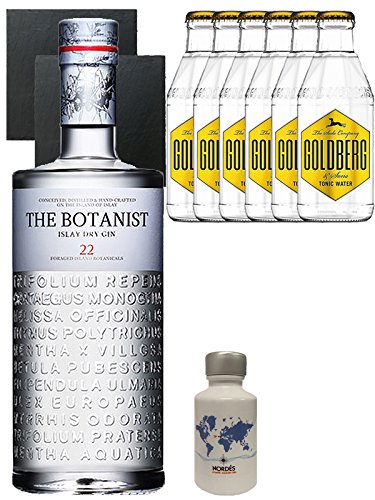 Gin-Set The Botanist Islay Dry Gin 0,7 Liter + Nordes Atlantic Gin 0,05 Liter Miniatur + 6 Goldberg Tonic Water 0,2 Liter + 2 Schieferuntersetzer quadratisch 9,5 cm von The Botanist