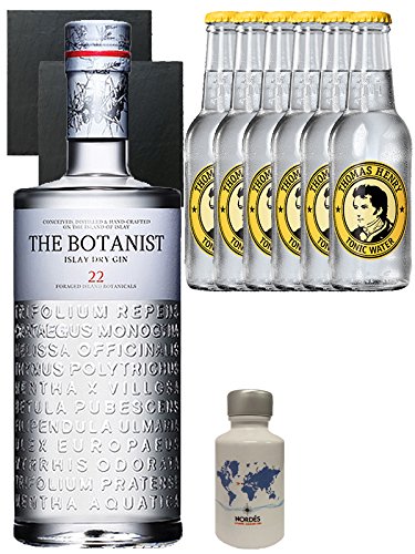 Gin-Set The Botanist Islay Dry Gin 0,7 Liter + Nordes Atlantic Gin 0,05 Liter Miniatur + 6 Thomas Henry Tonic Water 0,2 Liter + 2 Schieferuntersetzer quadratisch 9,5 cm von The Botanist