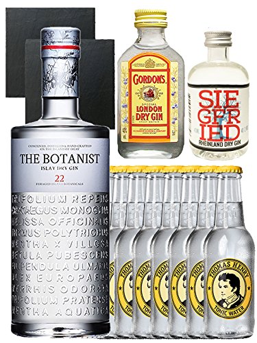 Gin-Set The Botanist Islay Dry Gin 0,7 Liter + Siegfried Dry Gin Deutschland 4cl + Gordons Dry Gin 5cl + 8 Thomas Henry Tonic Water 0,2 Liter + 2 Schieferuntersetzer quadratisch 9,5 cm von The Botanist