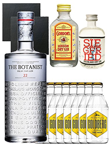 Gin-Set The Botanist Islay Dry Gin 0,7 Liter + Siegfried Dry Gin Deutschland 4cl + Gordons Dry Gin 5cl + 8 x Goldberg Tonic Water 0,2 Liter + 2 Schieferuntersetzer quadratisch 9,5 cm von The Botanist