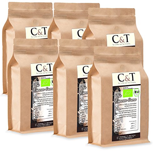 C&T Bio Espresso Crema | Cafe 6 x 500 g ganze Bohnen Gastro-Sparpack im Kraftpapierbeutel Kaffee für Siebträger, Vollautomaten, Espressokocher von C&T