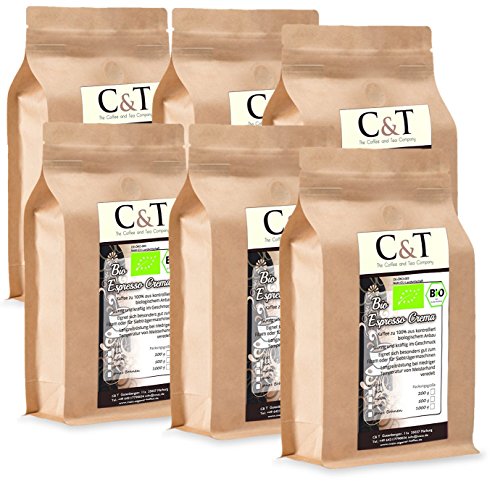 C&T Bio Espresso Crema | Cafe 6 x 500 g ganze Bohnen Gastro-Sparpack im Kraftpapierbeutel Kaffee für Siebträger, Vollautomaten, Espressokocher von The Coffee and Tea Company