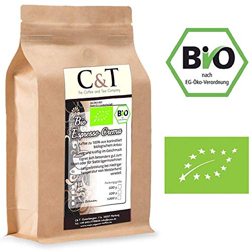 C&T Bio Espresso Crema | Cafe 1000 g ganze Bohnen im Kraftpapierbeutel 1kg Kaffee für Siebträger, Vollautomaten, Espressokocher von C&T