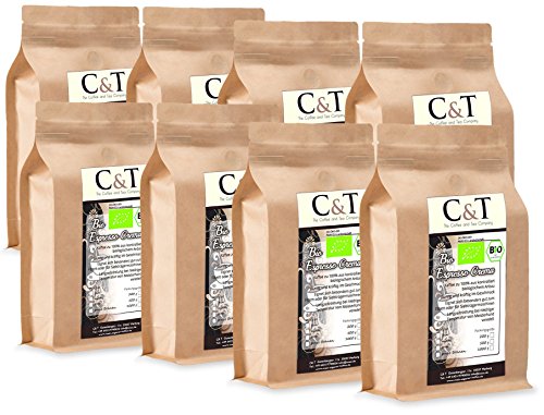 C&T Bio Espresso Crema | Cafe 16 x 1000 g ganze Bohnen Gastro-Sparpack im Kraftpapierbeutel Kaffee für Siebträger, Vollautomaten, Espressokocher von The Coffee and Tea Company